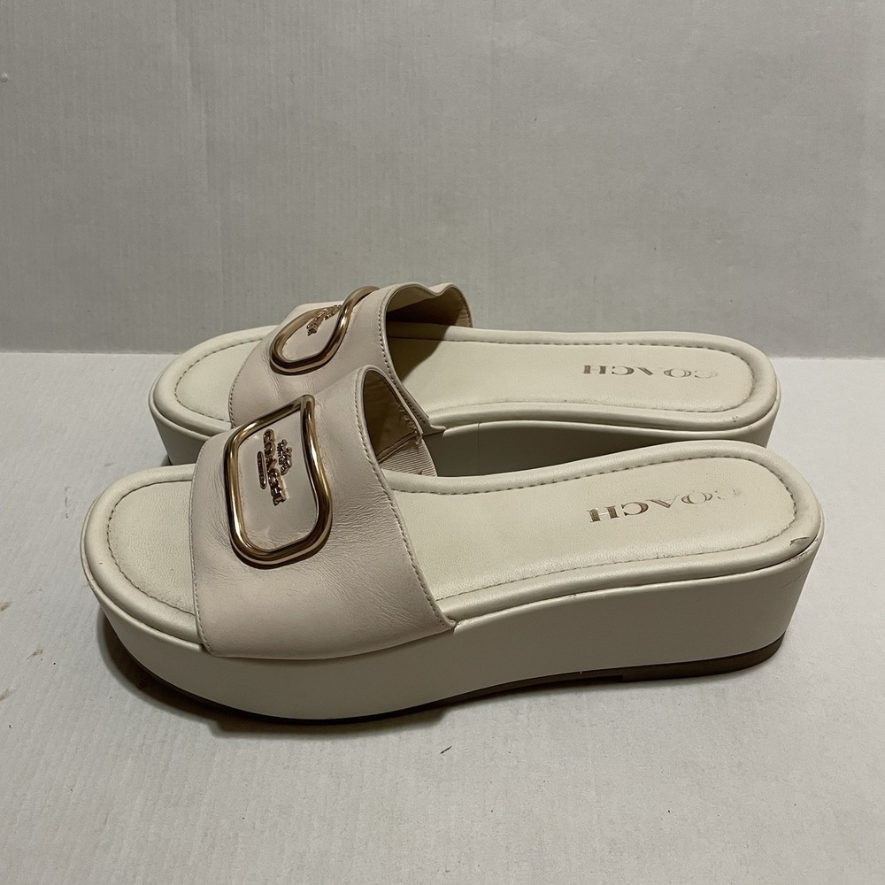 COACH Eloise Platform Sandals Women’s 9B Ivory Leather Gold Buckle C1063
